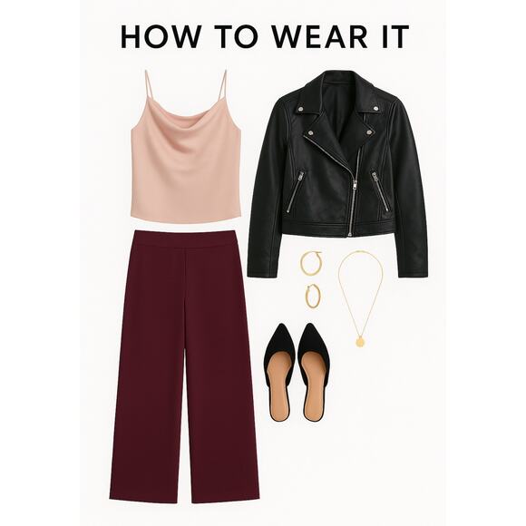 LOFT Maroon Wide Leg Pull-On Cropped Pants Women’s Medium Stretch Work Casual - Picture 4 of 8